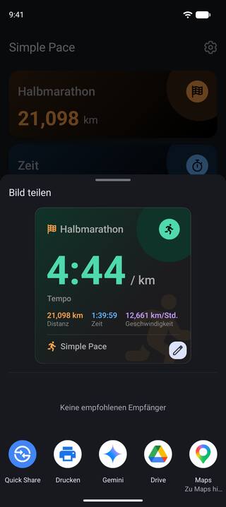 Das Teilen-Menü von Android mit einer Ergebniskarte für einen Halbmarathon über 21,098 km: 4:44 pro Kilometer, eine Zielzeit von 1:39:59 und 12,661 km pro Stunde.