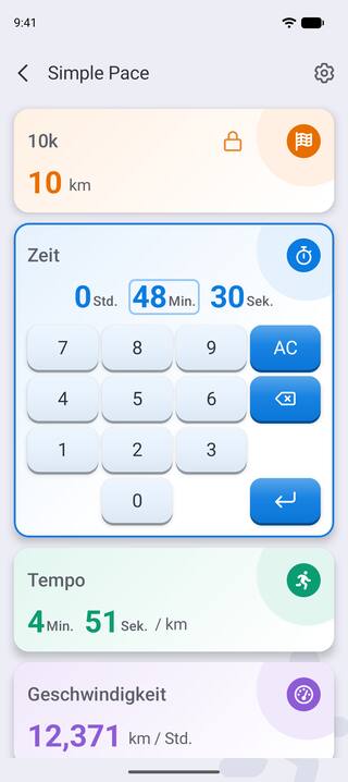 Die Zeit-Karte mit geöffnetem Ziffernblock: eingegeben werden 48 Minuten 30 Sekunden für einen 10k, was das Tempo auf 4:51 pro Kilometer aktualisiert.