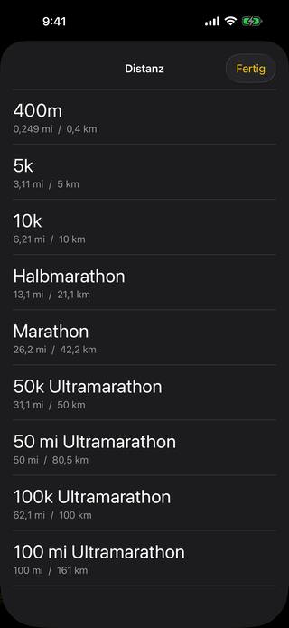 Die Liste der Renndistanzen: 400m, 5k, 10k, Halbmarathon, Marathon sowie die Ultramarathons über 50k, 50 Meilen, 100k und 100 Meilen, jeweils in Meilen und in Kilometern.