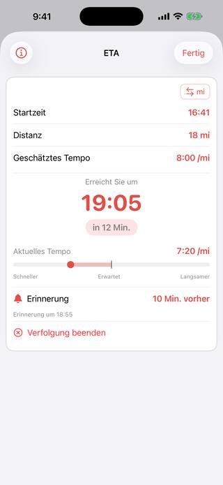 Das Werkzeug ETA verfolgt einen Läufer, der 18 Meilen der Strecke bei 8:00 pro Meile zurücklegt, und zeigt seine Ankunftszeit, einen Live-Countdown mit 12 Minuten, eine Tempoanzeige und eine Erinnerung 10 Minuten vor der Ankunft. Ein Pro-Werkzeug.