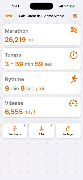 Simple Pace Calculator sur iPhone, affichant un marathon de 26,219 miles terminé en 3:59:59, à 9:09 par mile et 6,555 miles par heure, avec les outils Fractions, ETA et Partager en dessous.