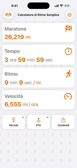 Simple Pace Calculator su iPhone che mostra una maratona di 26,219 miglia con arrivo in 3:59:59, a 9:09 al miglio e 6,555 miglia all'ora, con gli strumenti Parziali, ETA e Condividi qui sotto.