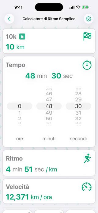 La scheda del tempo aperta con le rotelle scorrevoli di ore, minuti e secondi impostate su 48 minuti e 30 secondi per una 10k, che portano il ritmo a 4:51 al chilometro.