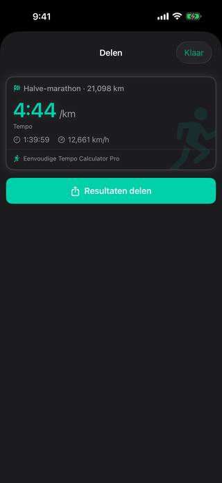 De tool Delen met een resultatenkaart voor een halve-marathon van 21,098 km: 4:44 per kilometer, een eindtijd van 1:39:59 en 12,661 km per uur, klaar om te versturen.