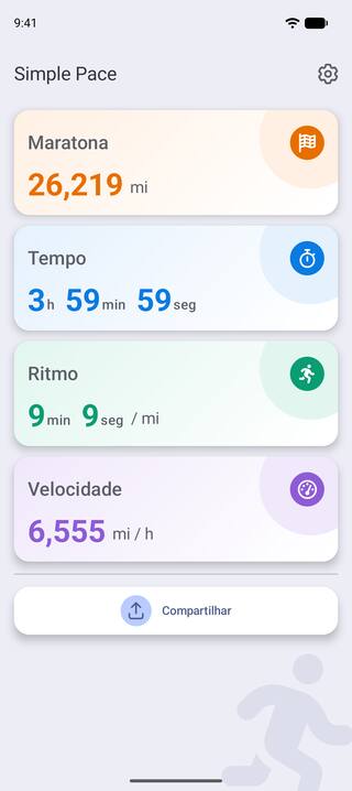 O Simple Pace em um celular Android mostrando uma maratona de 26,219 milhas com chegada em 3 horas, 59 minutos e 59 segundos, a 9 minutos e 9 segundos por milha e 6,555 milhas por hora, com o botão Compartilhar logo abaixo.
