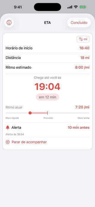 A ferramenta ETA acompanhando um corredor a 18 milhas dentro do percurso a 8:00 por milha, mostrando o horário de chegada, uma contagem regressiva marcando 12 minutos, um medidor de ritmo e um alerta definido para 10 minutos antes. Uma ferramenta Pro.