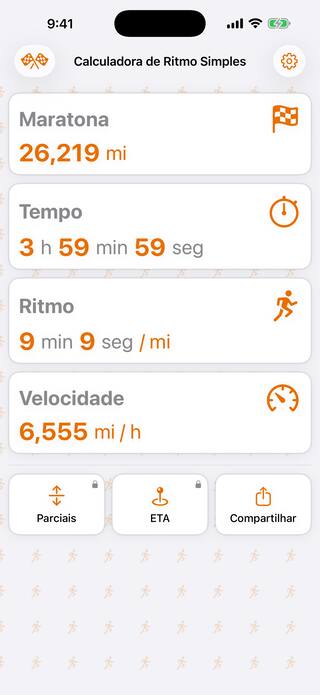 O Simple Pace Calculator no iPhone mostrando uma maratona de 26,219 milhas com chegada em 3:59:59, a 9:09 por milha e 6,555 milhas por hora, com as ferramentas Parciais, ETA e Compartilhar logo abaixo.